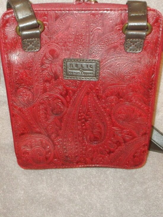 Relic Handbags - Vtg Fossil Relic Red Embossed Tooled Crossbody Bag Vegan Leather Western Boho